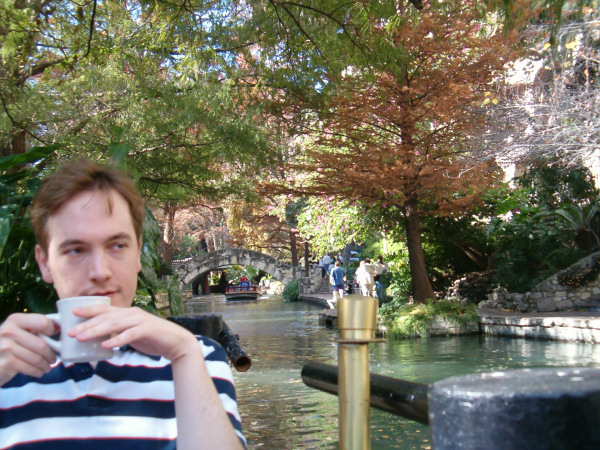 Drinking coffee at the Riverwalk.