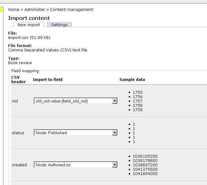 Drupal module node_import in action.